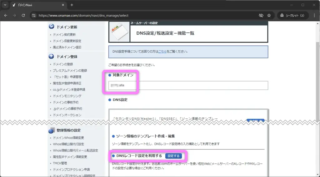 ドメインのDNSレコード設定